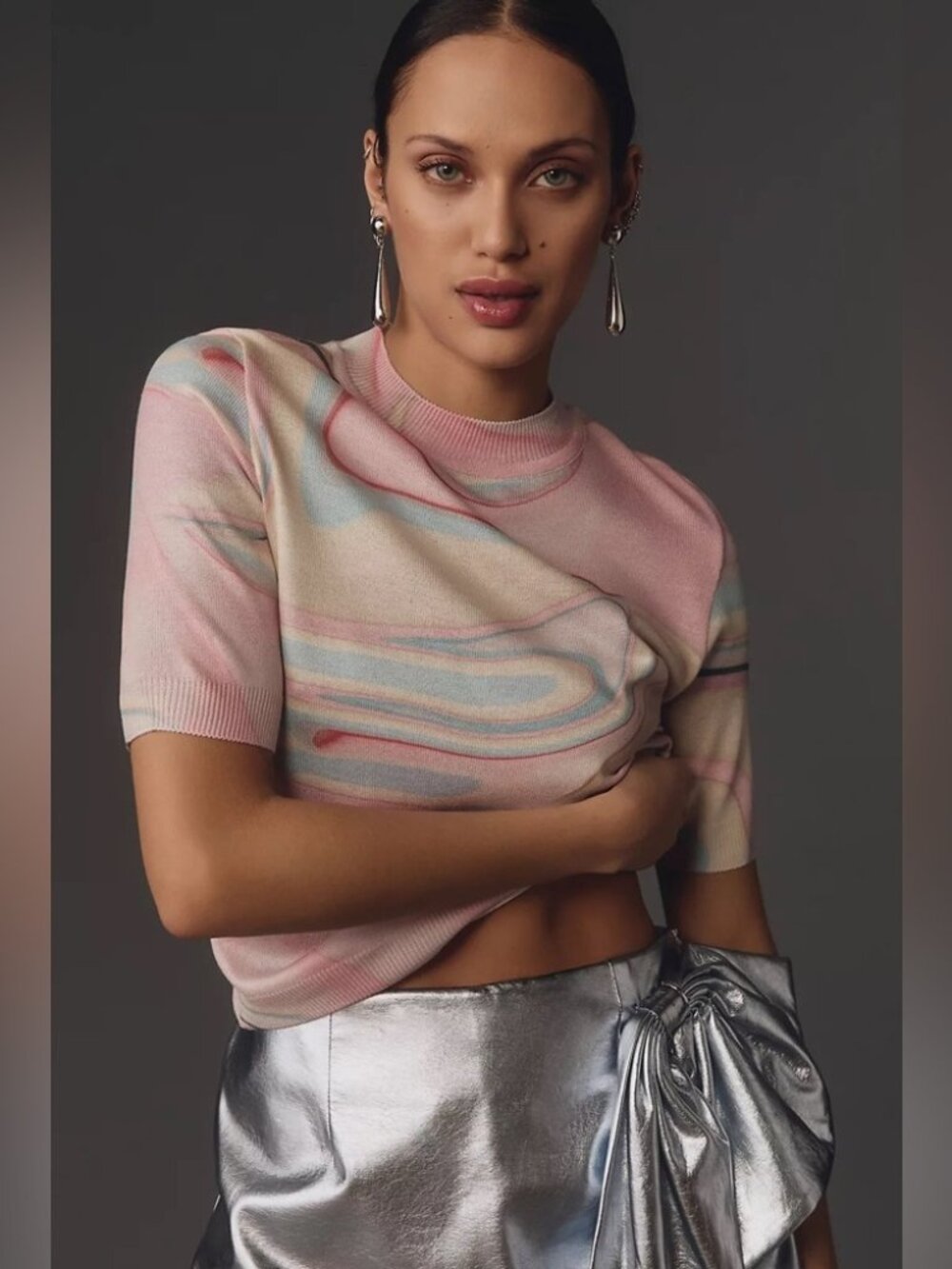 Anthropologie Short Sleeve Sweater Pastel Multicolor Swirl Crewneck Size Small